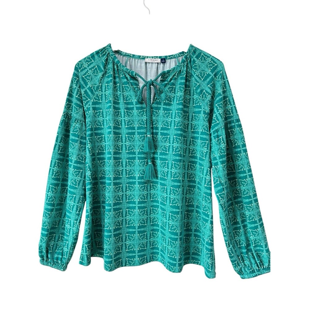 Cabana Life Peasant Top Turquoise Tassel Puffy Sleeve Medium UPF 50+ Nautical